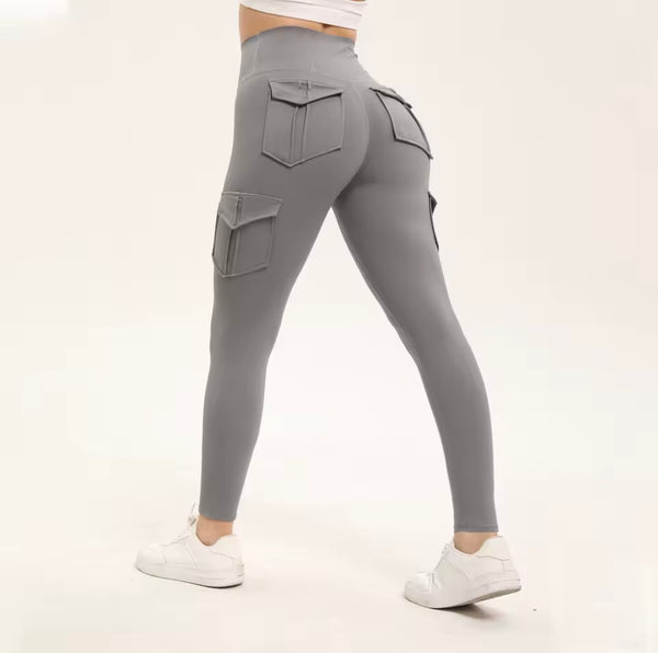 Damen Fitness Yoga Leggings Hohe Taille Cargo Taschen