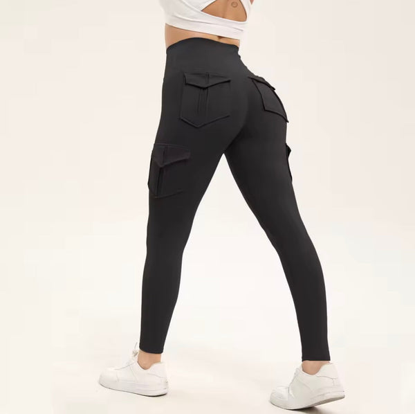 Damen Fitness Yoga Leggings Hohe Taille Cargo Taschen