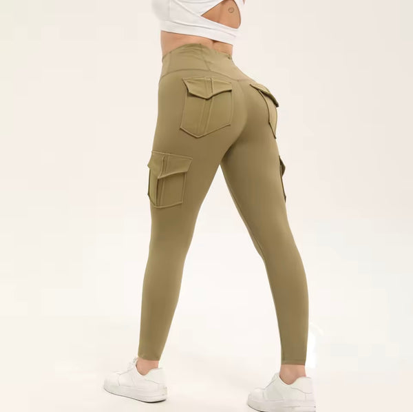 Damen Fitness Yoga Leggings Hohe Taille Cargo Taschen